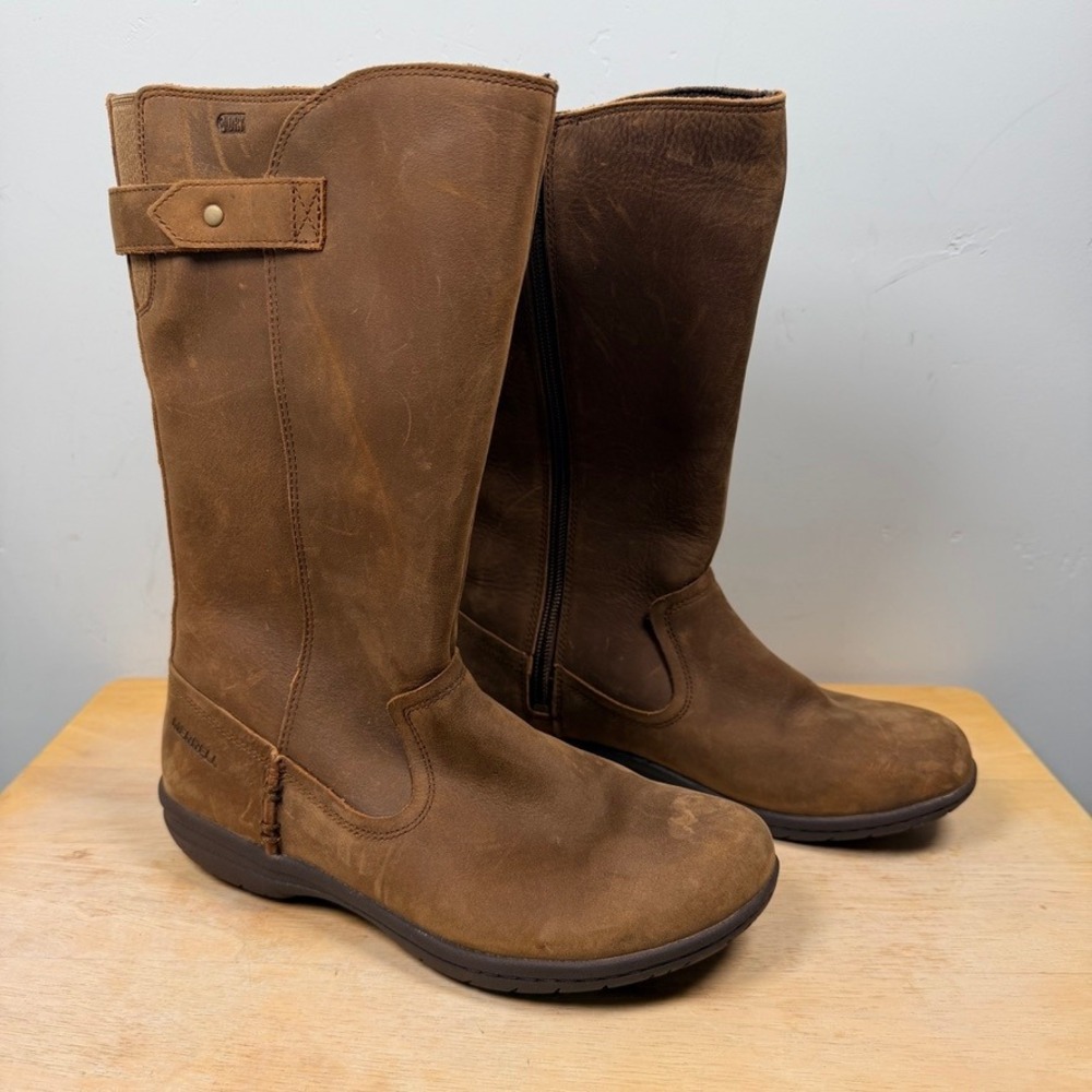 Merrell Encore Kassie Boots Women 6.5 Brown Leather Mid Calf‎ Zip Waterproof